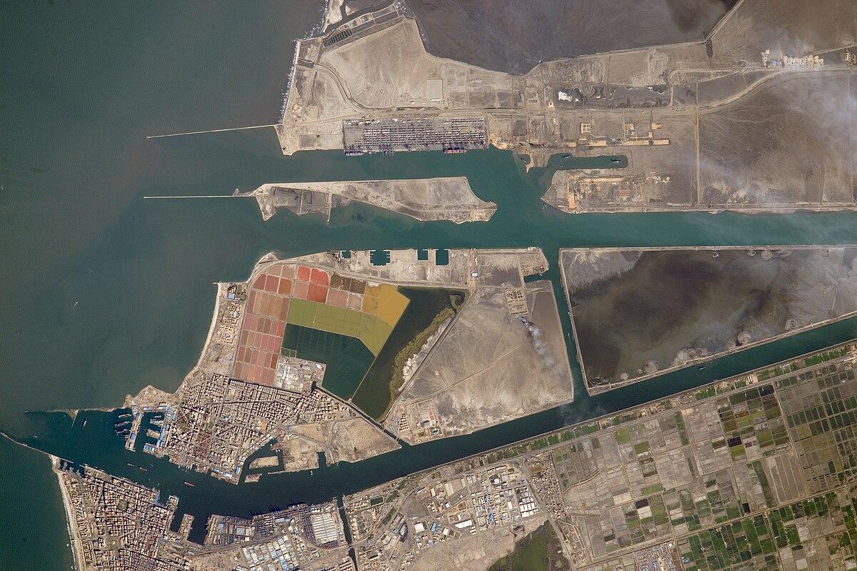 Aerial view of Port Said and the northern entrance to the Suez Canal